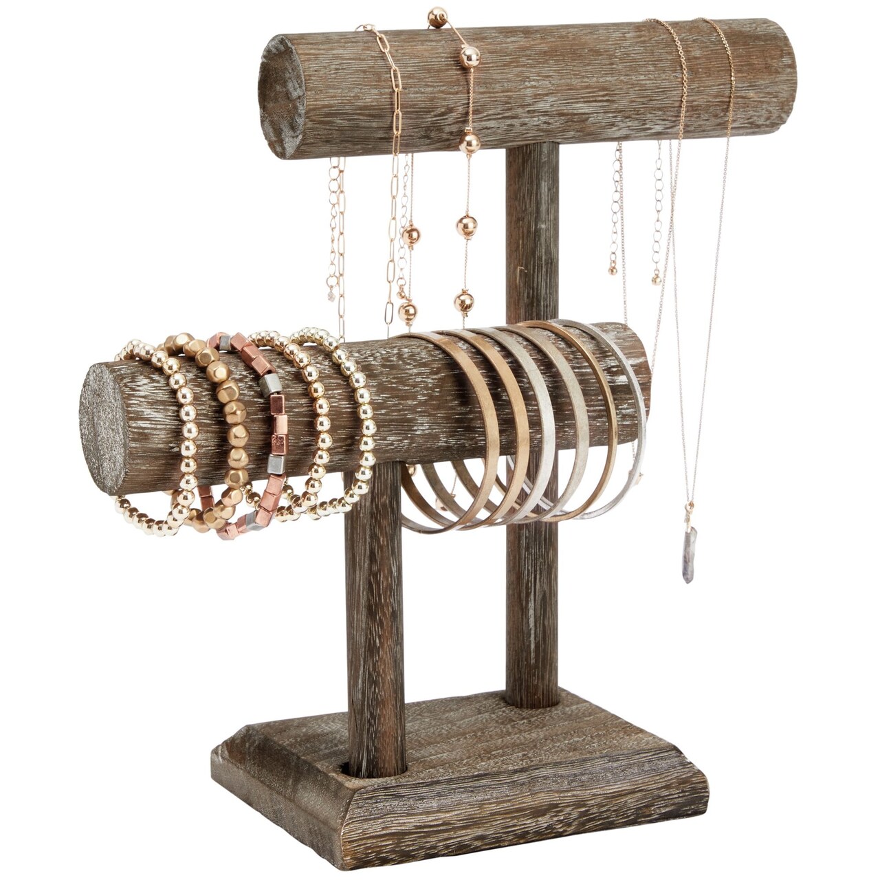 Rustic-Style 2-Tier Jewelry Organizer Stand, Wooden T-Bar Necklace Rack and Bracelet Holder Display for Selling, Bangle, Watch Tower, Rings, Earrings Storage (8x4x9 In)